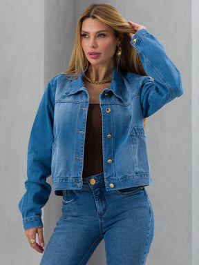 Jaqueta Feminina Cropped Jeans Gola Peluciada