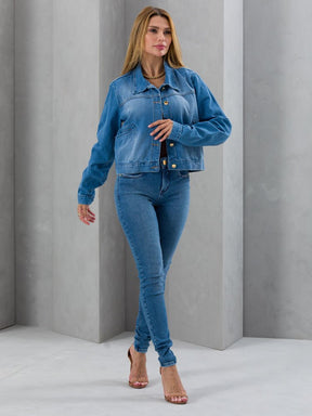 Jaqueta Feminina Cropped Jeans Gola Peluciada