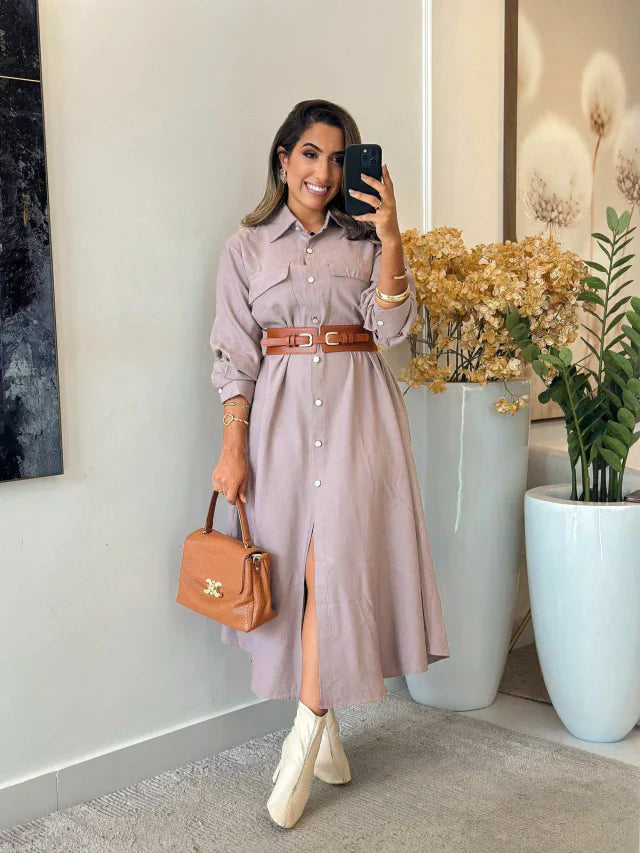 Vestido Linho Charmisse/Manga Longa Com Botões
