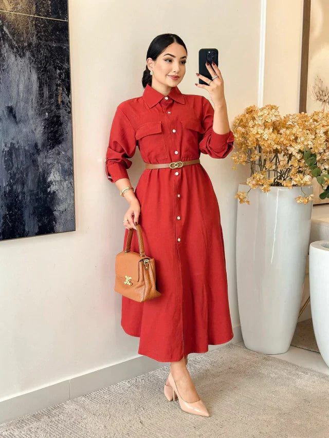 Vestido Linho Charmisse/Manga Longa Com Botões