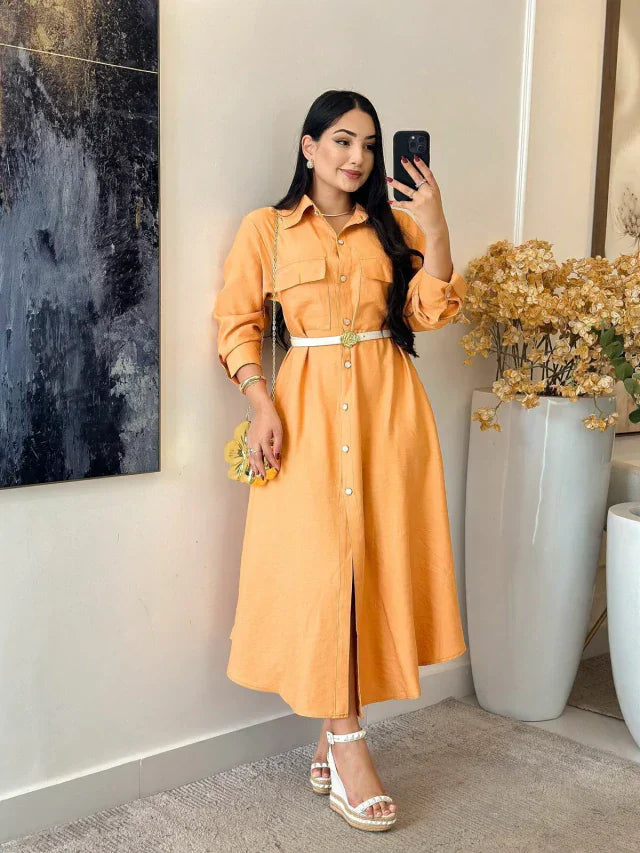 Vestido Linho Charmisse/Manga Longa Com Botões
