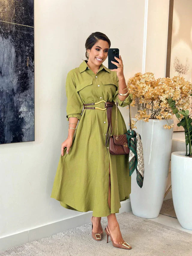 Vestido Linho Charmisse/Manga Longa Com Botões