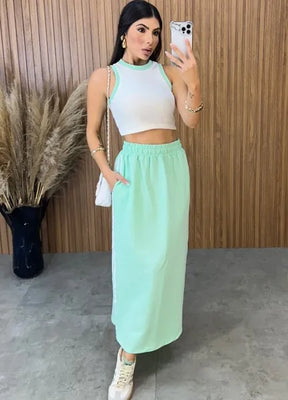 Cropped Canelado Bicolor Luiza - Off/verde