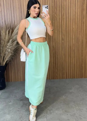 Cropped Canelado Bicolor Luiza - Off/verde