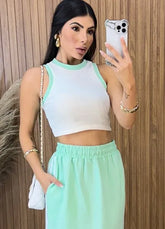 Cropped Canelado Bicolor Luiza - Off/verde