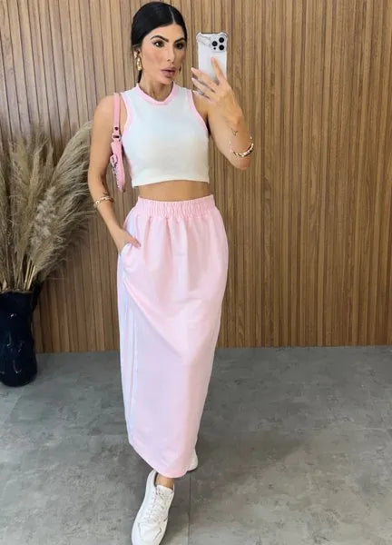 Cropped Canelado Bicolor Luiza - Off/Rosa