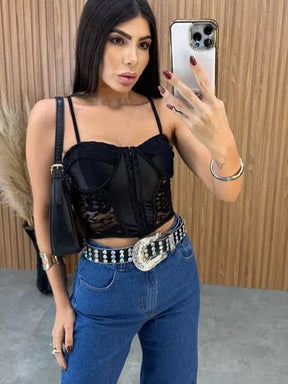 Cropped Corselet Renda - Preto